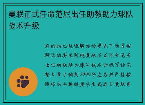 曼联正式任命范尼出任助教助力球队战术升级 曼联正式任命范尼出任助教助力球队战术升级